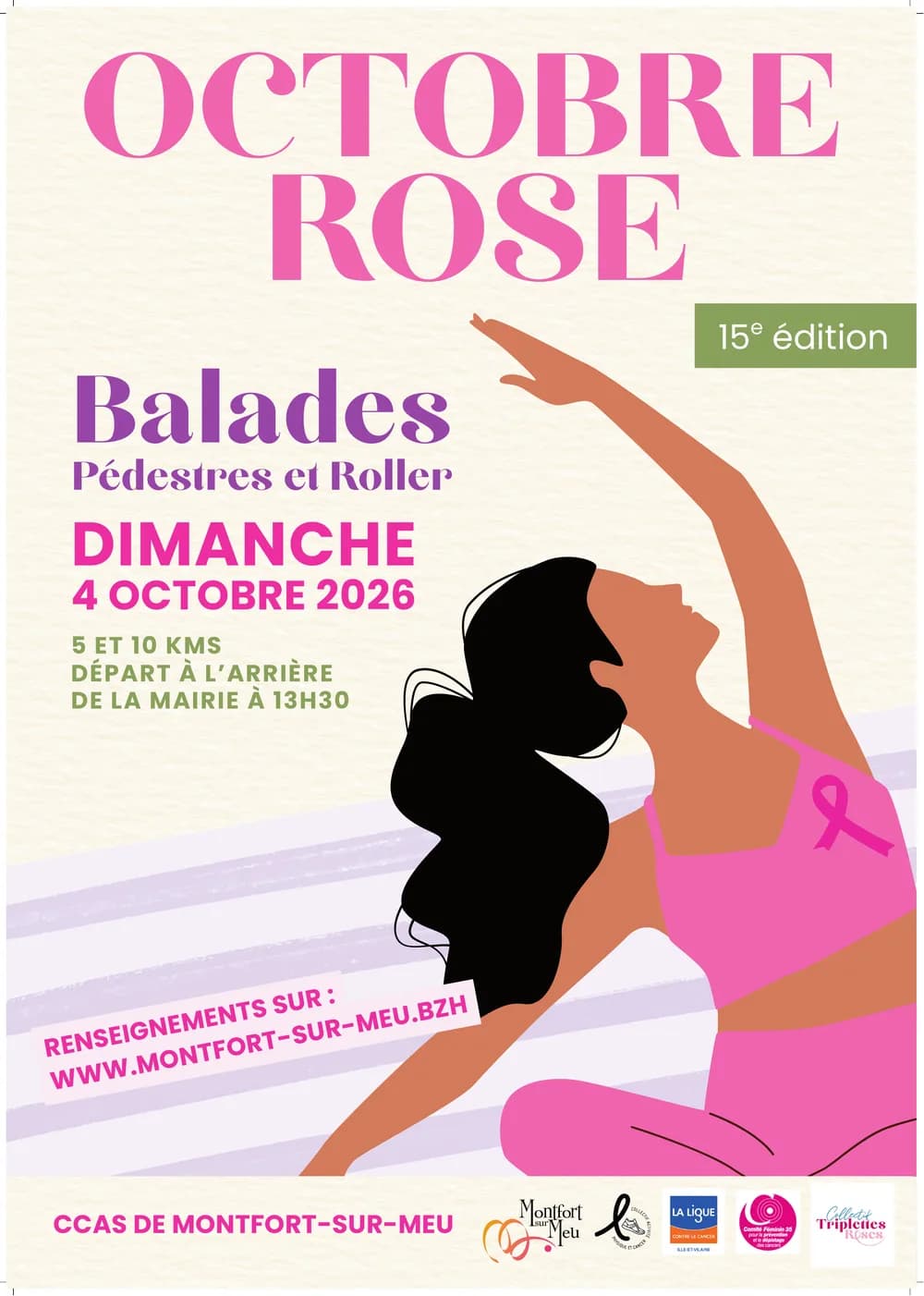 Octobre Rose — balades pédestres et roller, dimanche 4 octobre 2026, départ 13h30 derrière la mairie de Montfort-sur-Meu